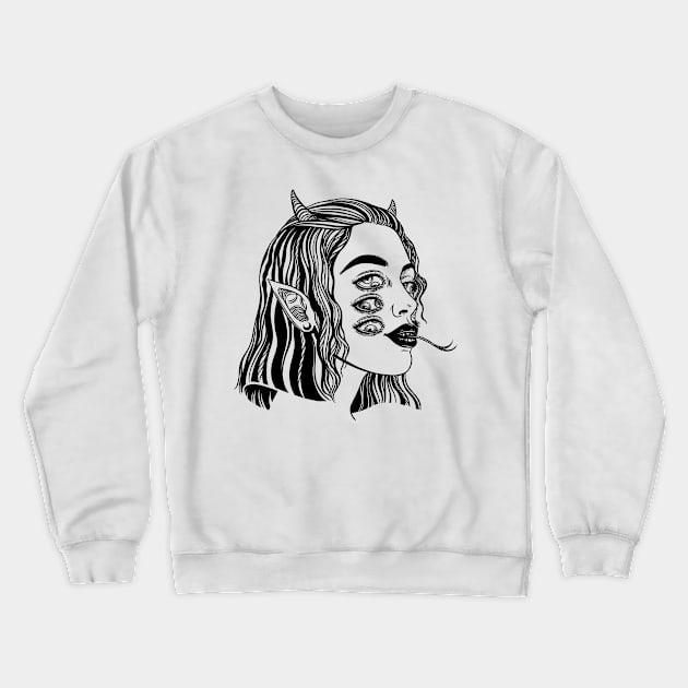 Demonic shake girl with horns and six eyes Crewneck Sweatshirt by OccultOmaStore